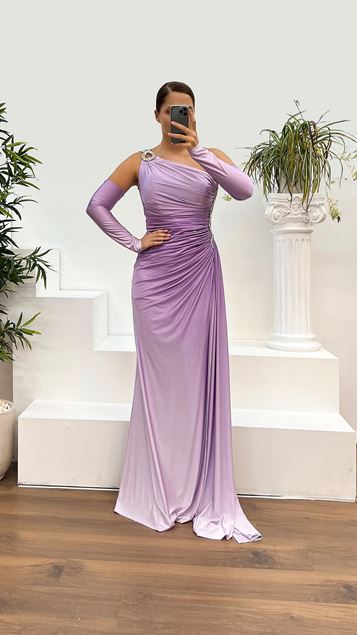 Lilac One Shoulder Stoned Sleeve Detail Design Evening Dress