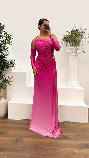 Fuchsia One Shoulder Stoned Sleeve Detail Design Evening Dress