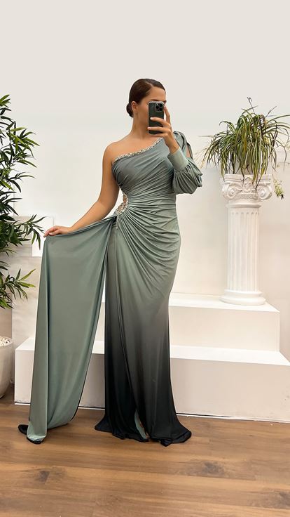 Robe de soirée à manches simples et détail de la taille, motif brodé de pierre, menthe