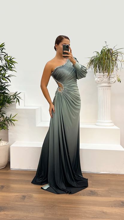 Robe de soirée à manches simples et détail de la taille, motif brodé de pierre, menthe