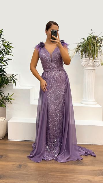 Lilac Shoulders Rose Detail Feathered Embroidered Evening Dress