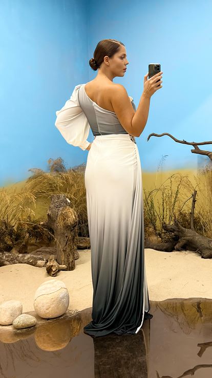 Beyaz Tek Omuz Bel Detay Taşlı Tasarım Büyük Beden Abiye Elbise