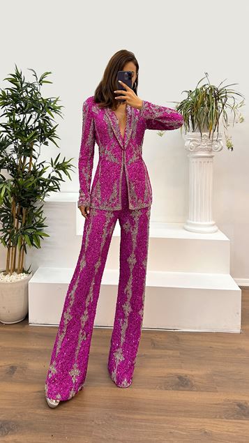 Fuchsia Hand Embroidered Design Suit Evening Dress