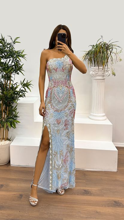 Blue One Shoulder Hand Embroidered Design Evening Dress