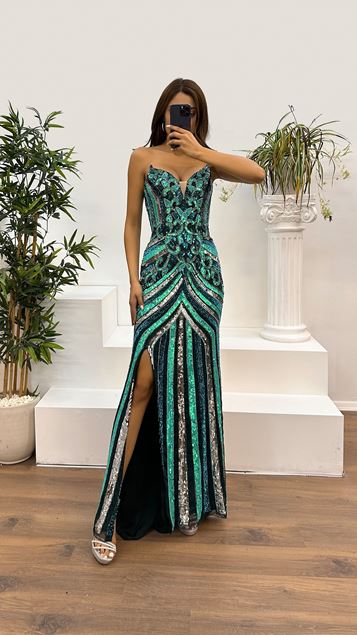 Turquoise Strapless Hand Embroidered Design Evening Dress