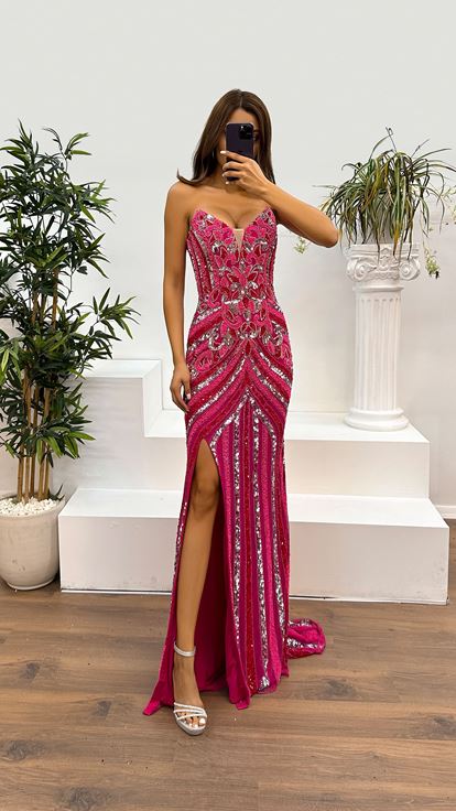 Fuchsia Strapless Hand Embroidered Design Evening Dress