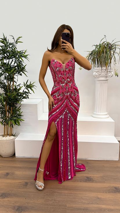 Fuchsia Strapless Hand Embroidered Design Evening Dress