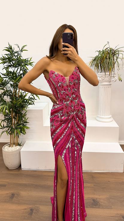 Fuchsia Strapless Hand Embroidered Design Evening Dress