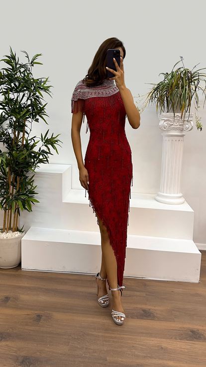 Red Asymmetric Cut Hand Embroidered Design Evening Dress