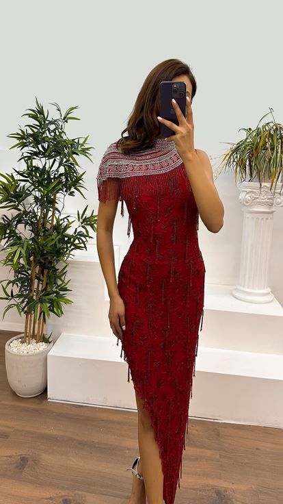Red Asymmetric Cut Hand Embroidered Design Evening Dress