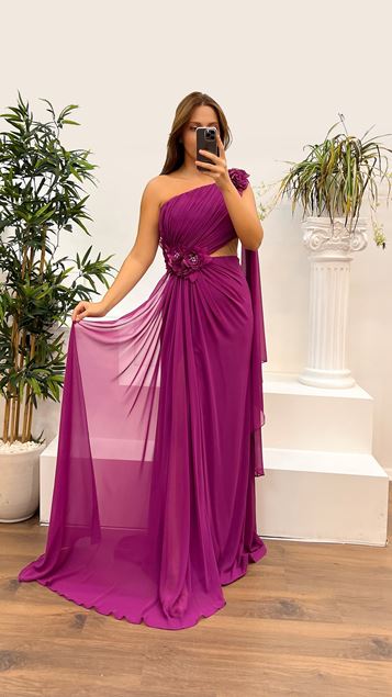 One Shoulder Waist Transparent Rose Detail Design Plus Size Evening Dress
