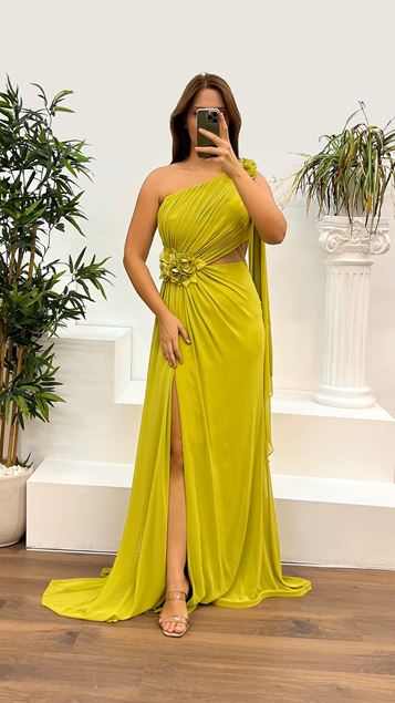 One Shoulder Waist Transparent Rose Detail Design Plus Size Evening Dress