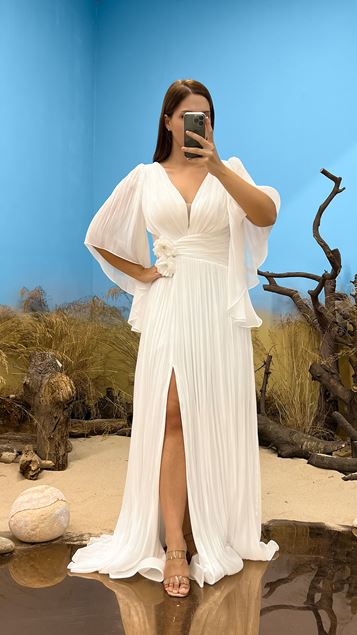 V-Neck Waist Detail Pleated Plus Size Evening Dress