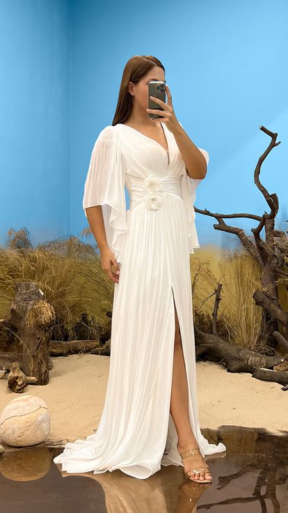 White V Neck Plus Size Pleated Evening Dress with Waist Detail