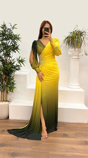 V-Neck Waist Embroidered Plus Size Evening Dress