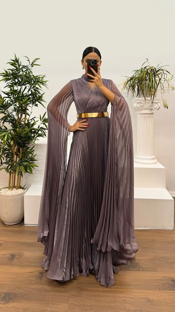 Lavender Neck Detail Pleated Evening Dress
