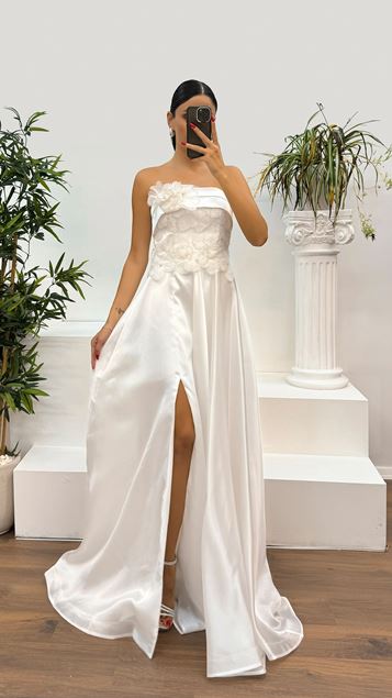 White Strapless Floral Embroidered Satin Evening Dress