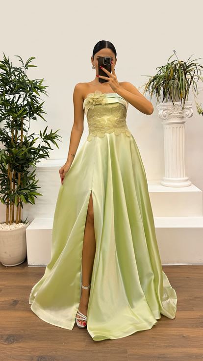 Pistachio Green Strapless Floral Embroidered Satin Evening Dress