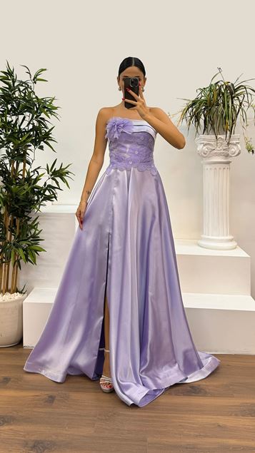 Lilac Strapless Floral Embroidered Satin Evening Dress