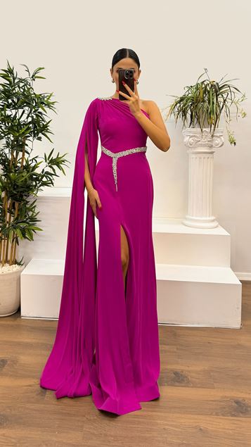 Fuchsia Single Sleeve Stone Detailed Evening Dress