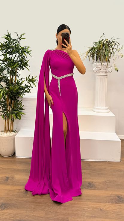 Fuchsia One Sleeve Embellished Evening Dress