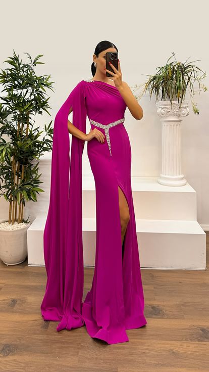 Fuchsia One Sleeve Embellished Evening Dress