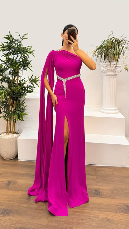 Fuchsia One Sleeve Embellished Evening Dress