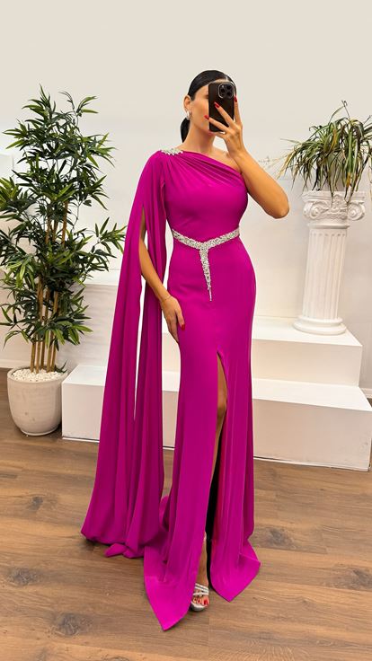 Fuchsia One Sleeve Embellished Evening Dress