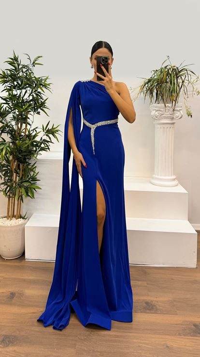 Saks One Sleeve Embellished Evening Dress