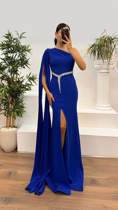 Saks One Sleeve Embellished Evening Dress