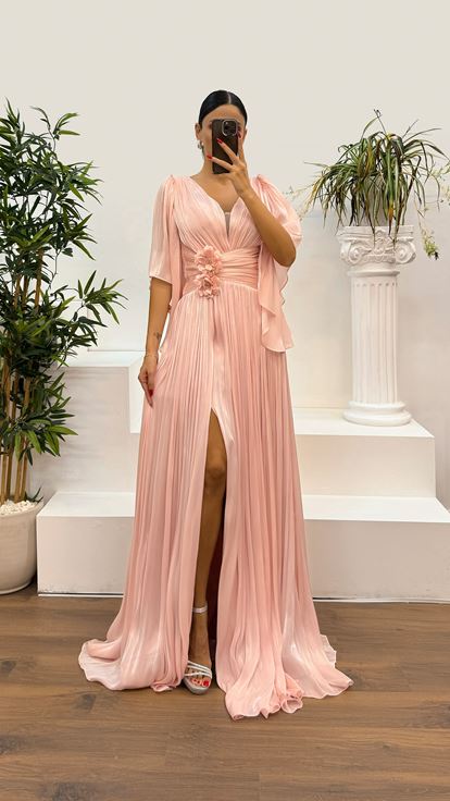 Powder Pink V Neck Pleated Waist Detail Evening Dress