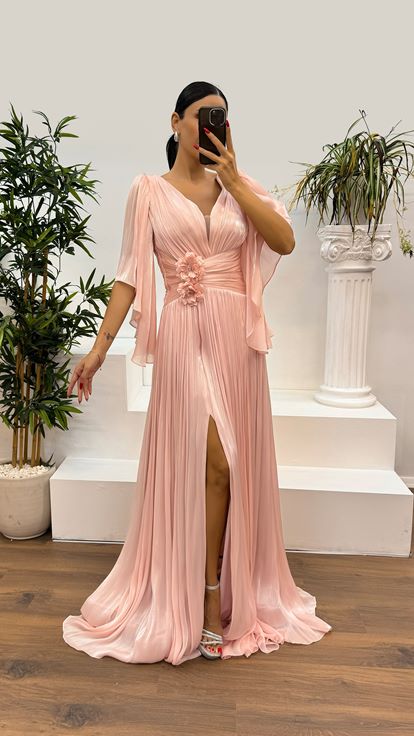 Powder Pink V Neck Pleated Waist Detail Evening Dress