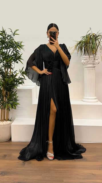 Black V-Neck Pleated Waist Detail Evening Dress