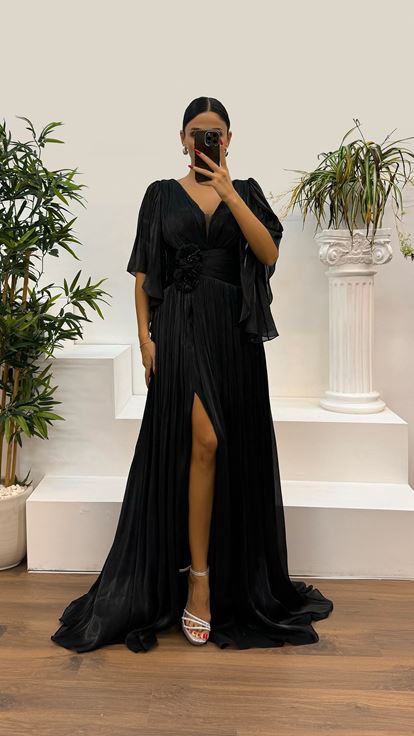 Black V Neck Pleated Evening Dress with Waist Detail