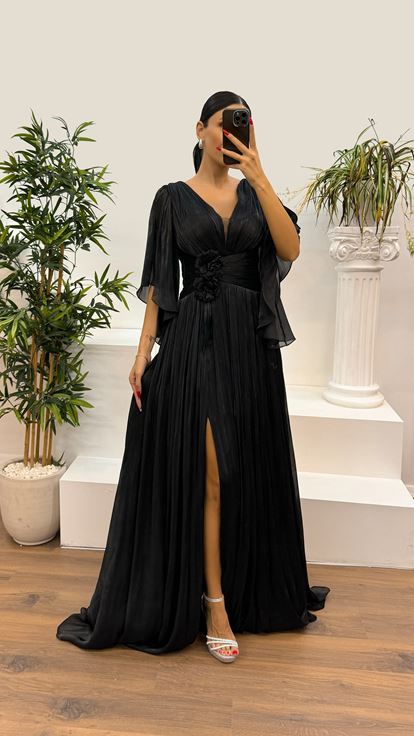 Black V Neck Pleated Evening Dress with Waist Detail