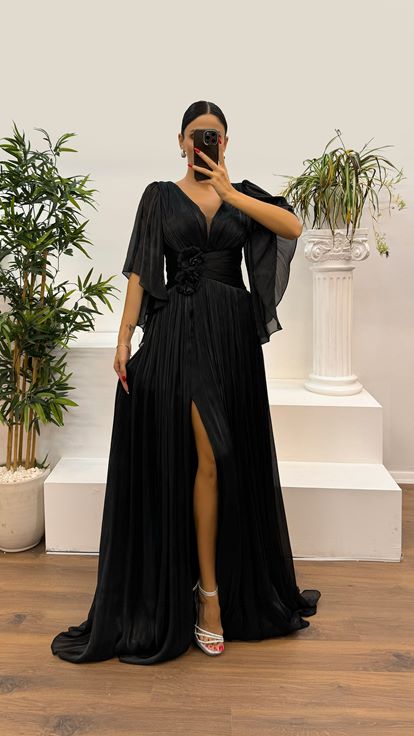 Black V Neck Pleated Evening Dress with Waist Detail