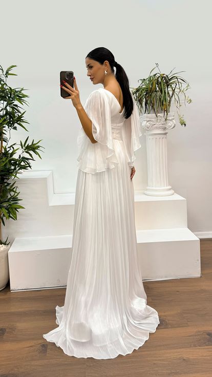 White V-Neck Pleated Waist Detail Evening Dress