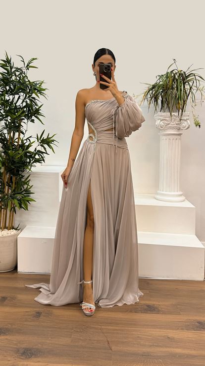 Mink Single Sleeve Waist Detail Evening Dress