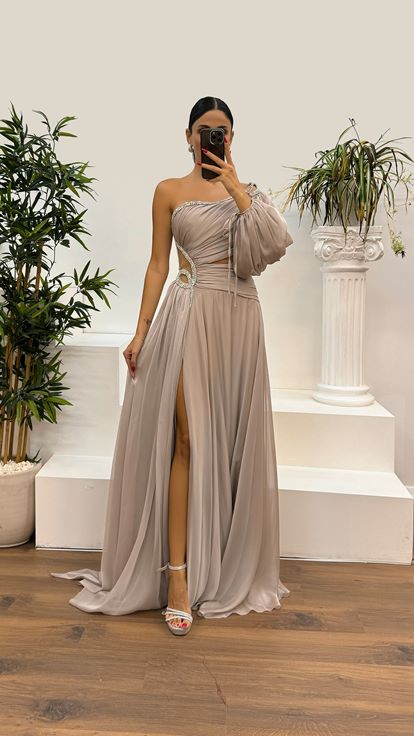 Mink Single Sleeve Waist Detail Evening Dress