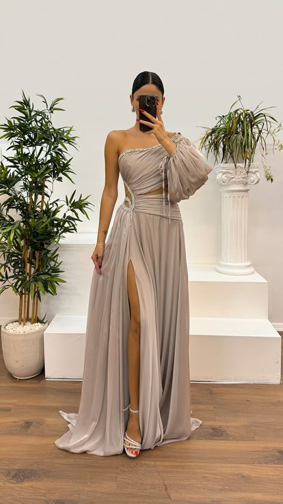 Mink Single Sleeve Waist Detail Evening Dress