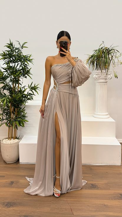 Mink Single Sleeve Waist Detail Evening Dress