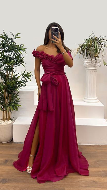 Fuchsia Boat Neck Rose Detail Evening Dress