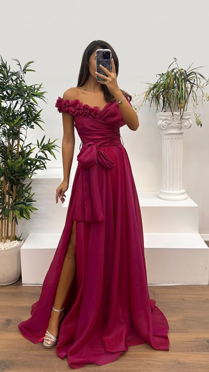 Fuchsia Boat Neck Rose Detail Evening Dress