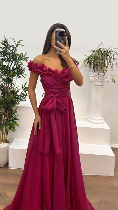 Fuchsia Boat Neck Rose Detail Evening Dress