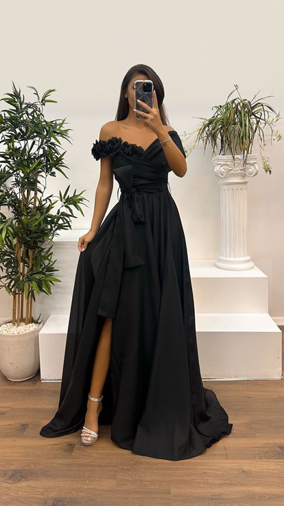 Black Boat Neck Evening Dress with Rose Detail