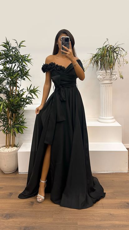 Black Boat Neck Evening Dress with Rose Detail