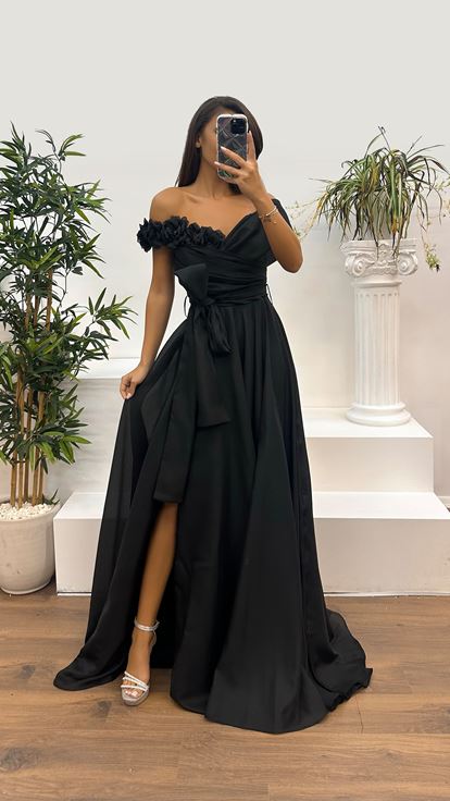 Black Boat Neck Evening Dress with Rose Detail
