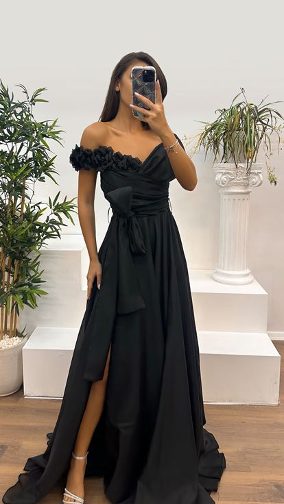 Black Boat Neck Evening Dress with Rose Detail
