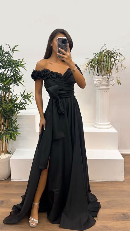 Black Boat Neck Evening Dress with Rose Detail