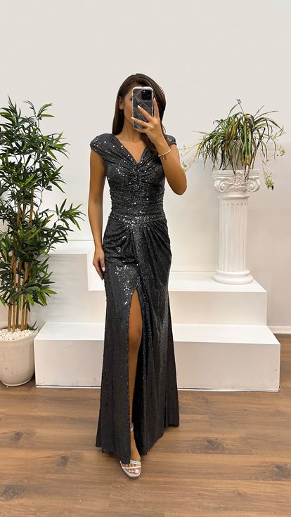 أنثراسايت الخامس الرقبة البراقة الخصر رايات فستان السهرة